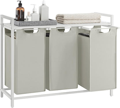 VASAGLE Laundry Hamper, Laundry Basket Sorter with 3 Pull-Out and Removable Bags, Shelf, Metal Frame, 3 x 10.6 Gallons (40 L), 36.4 x 13 x 28.4 Inches, Cappuccino Beige and Natural Beige UBLH301LH01