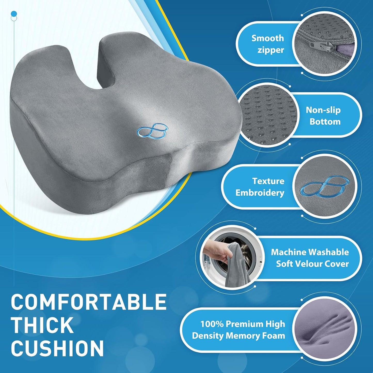 BlissTrends Memory Foam Seat Cushion for Office Chair & Car Seat, Black | 4.7in Ergonomic Tailbone & Sciatica Support with Removable Velvet Cover for Pressure Relief and Long Sitting Comfort