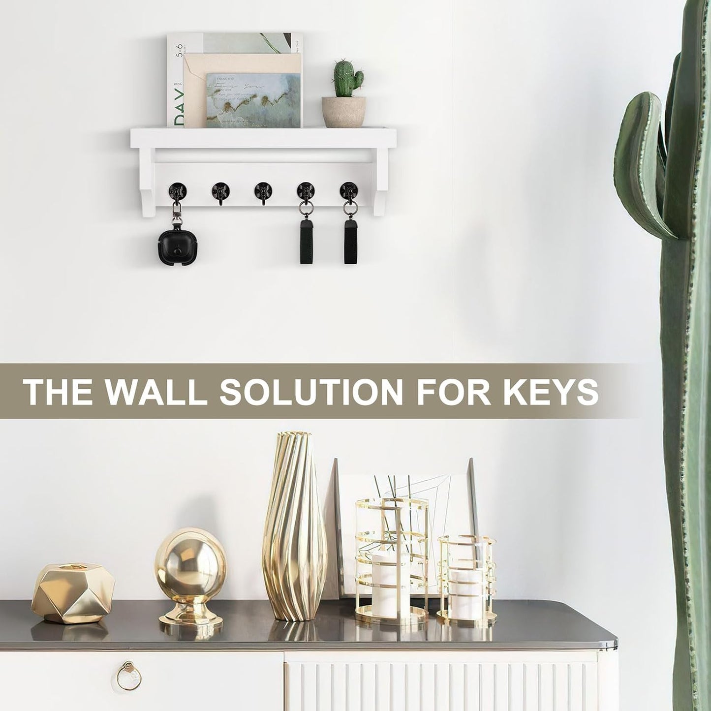 Key and Mail Holder Wall Mount, Mail Organizer with 5 Key Hooks | Key Holder with Shelf, Key Holder for Coat, Dog Leash, Home Decor Rack, Entry Way Organizer