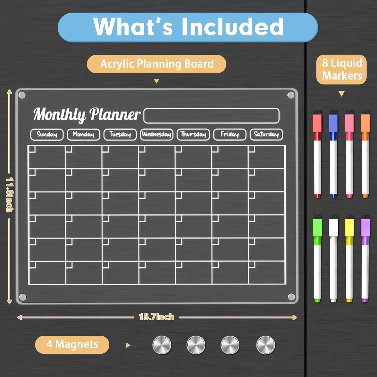 3 Pack Acrylic Calendar for Fridge, Magnetic Calendar for Refrigerator, 16"x12" Dry Erase Whiteboard Fridge Calendar,2026 Clear Monthly Weekly Daily Memo Planning Board with 8 Markers