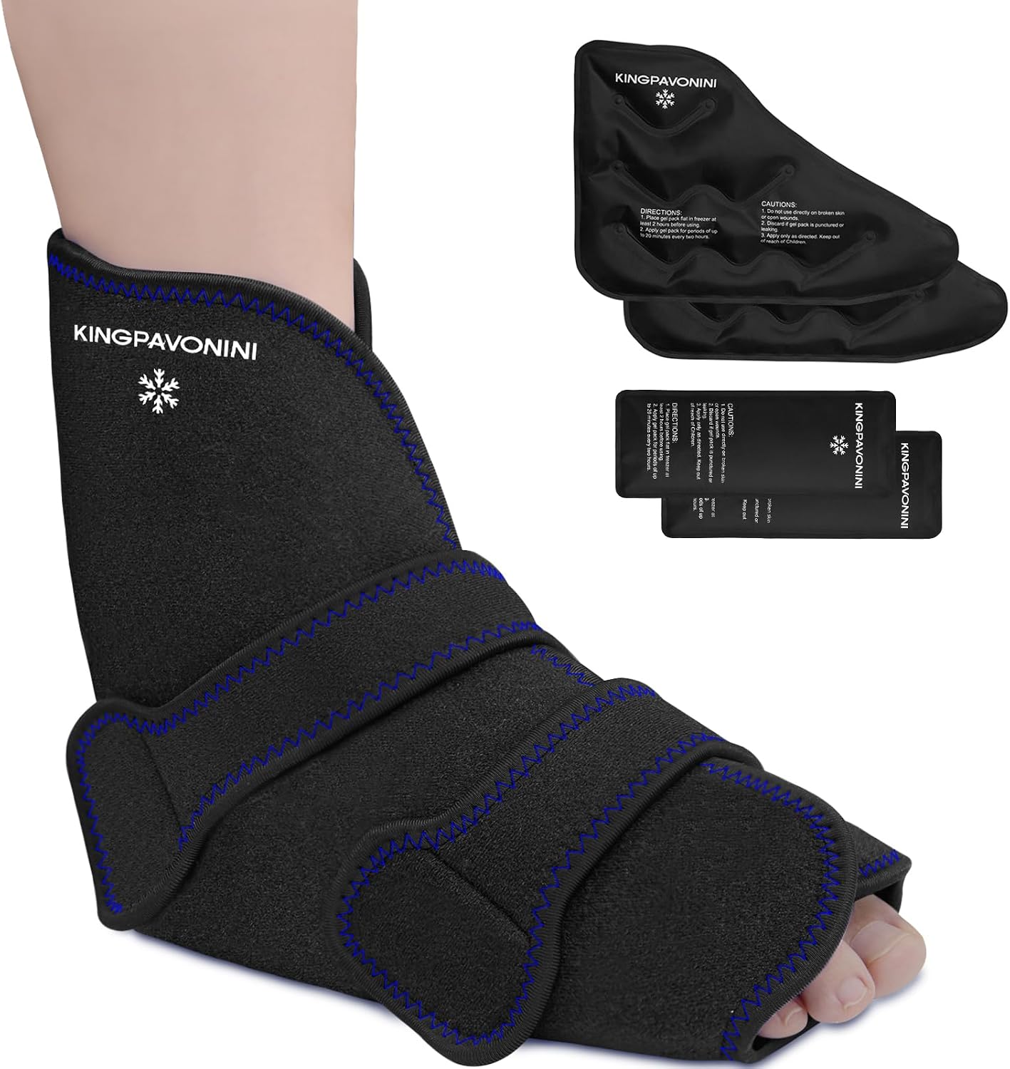KingPavonini Ankle Foot Ice Pack Wrap, XL, Blue, 1 Wrap + 4 Gel Packs | 30-Min Long-Lasting & Leakproof, Full Coverage for Feet Pain Relief, Hot & Cold Therapy, Insertable Ice Packs, Easy-to-Wear