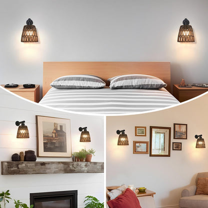 Boho Battery Operated Wall Sconces, Rattan Wall Sconce Set of 2 with Remote, RGB 15 Colors Dimmable Rechargeable Wall Light, Black Indoor Wireless Wall Lamp, Farmhouse Rattan Wall Lighting for Bedroom
