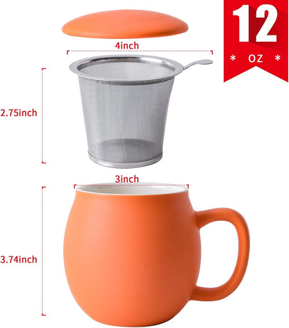 Yundu 12 OZ Matte Purple Ceramics Teacup with Infuser and Lid, Mug with Lid for Steeping - Stainless Steel Infuser for Loose Leaf Tea, Home Office Gift for Tea Lovers