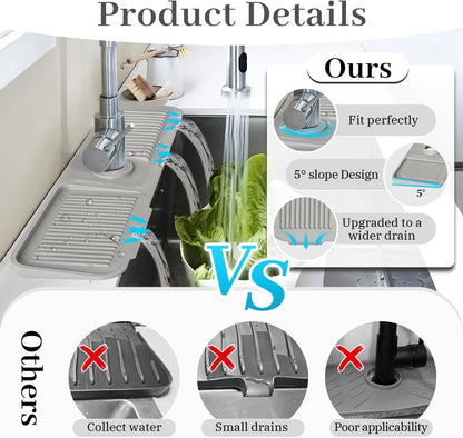 PoYang 23.6 Inch Silicone Sink Splash Guard, Kitchen Sink Mat, Light Grey | Faucet Mat with Wide Drainage & Cuttable Hole, Keeps Faucet Base Dry, Long & Short Sink Protectors for Kitchen, Bathroom & RV