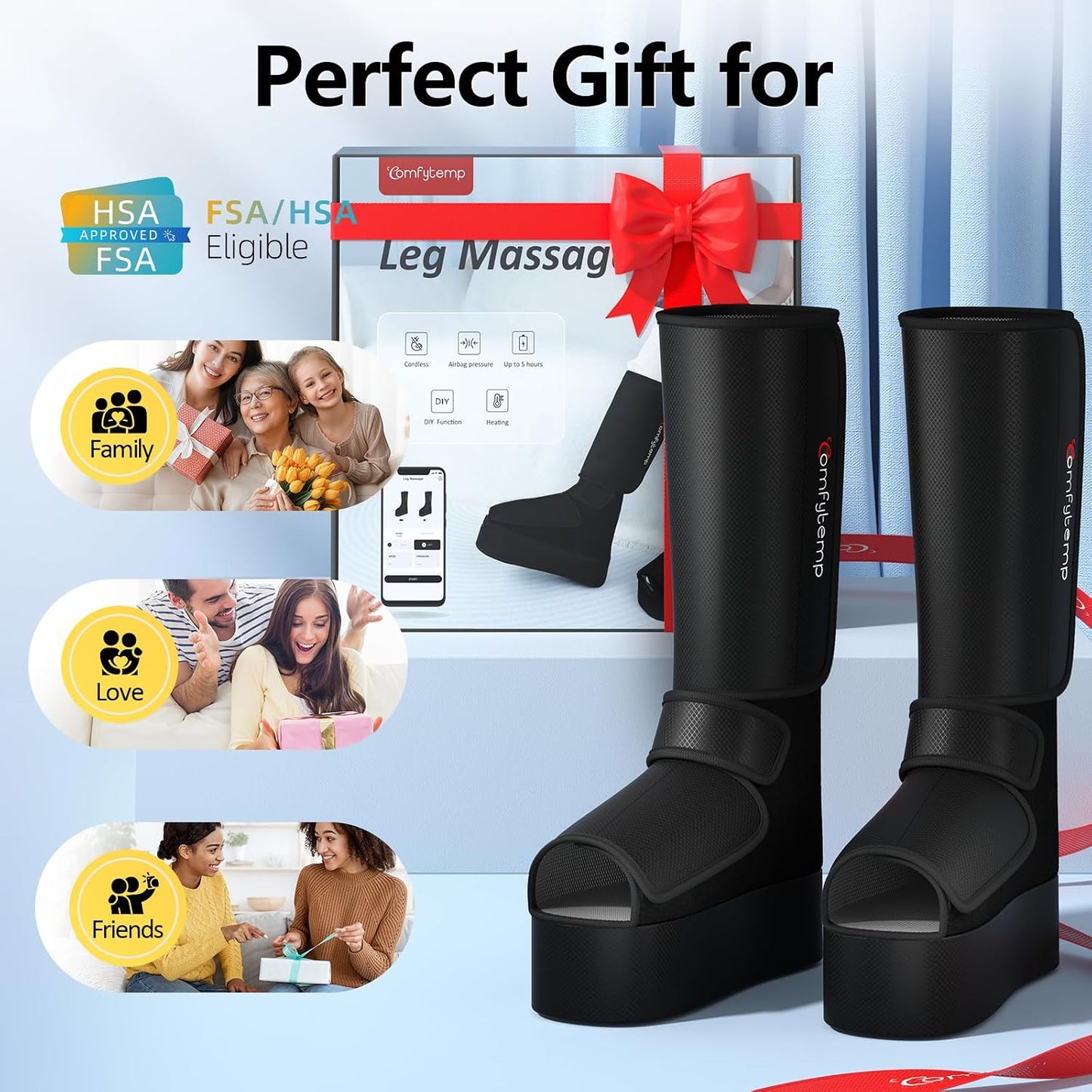 Comfytemp Cordless Foot and Calf Massager with Heat, Birthday Gift for Men Women Dad Mom Seniors, Rechargeable Leg and Feet Compression Massage for Circulation and Pain Relief (Fits Size 6 to 10)