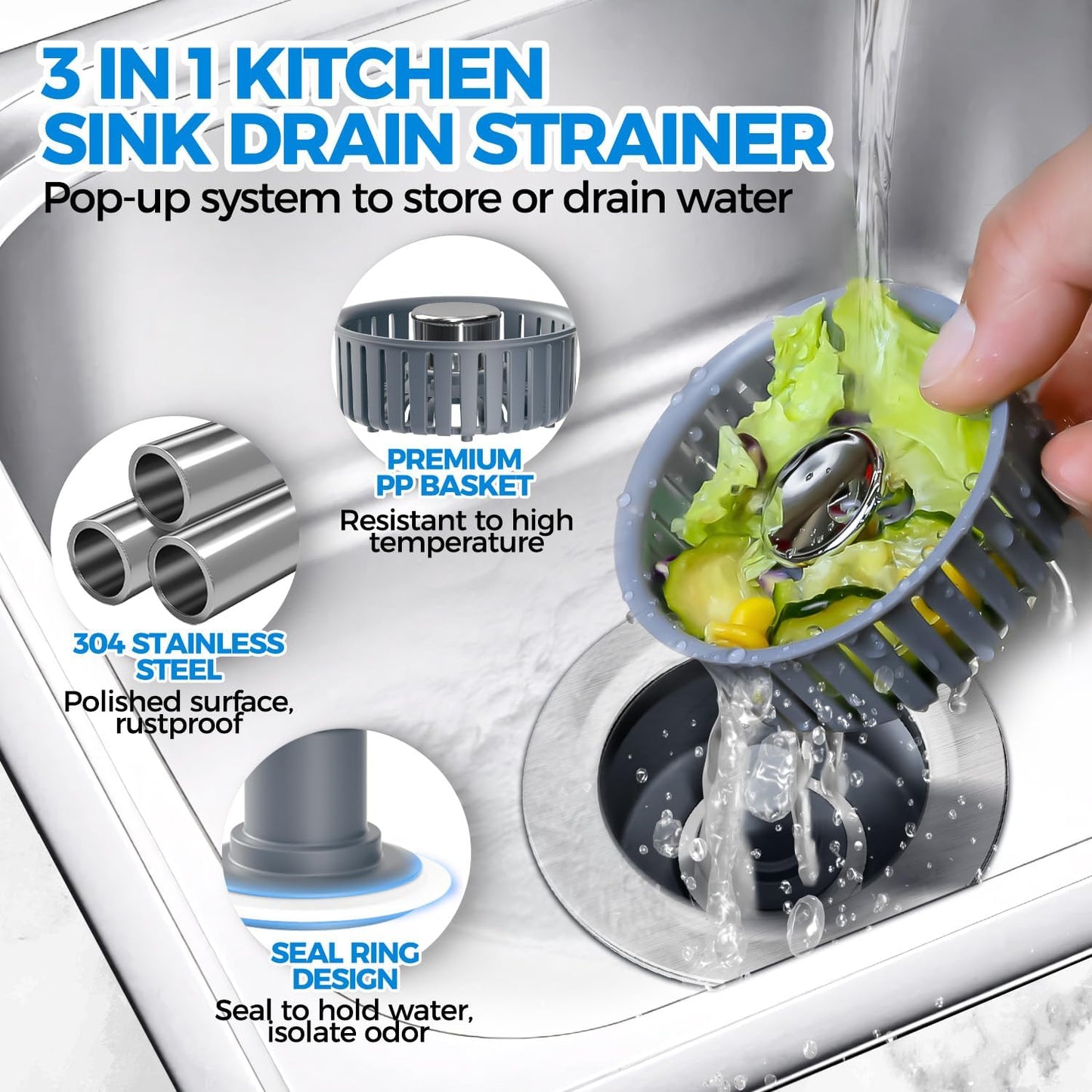 3 in 1 Kitchen Sink Drain Strainer Stopper Removable Basket Pop-Up | Kitchen Sink Food Strainer 1 Pack Silver Stainless - Food Catcher, Odor-Block Seal, Fits 3.5" Drain, Easy Clean