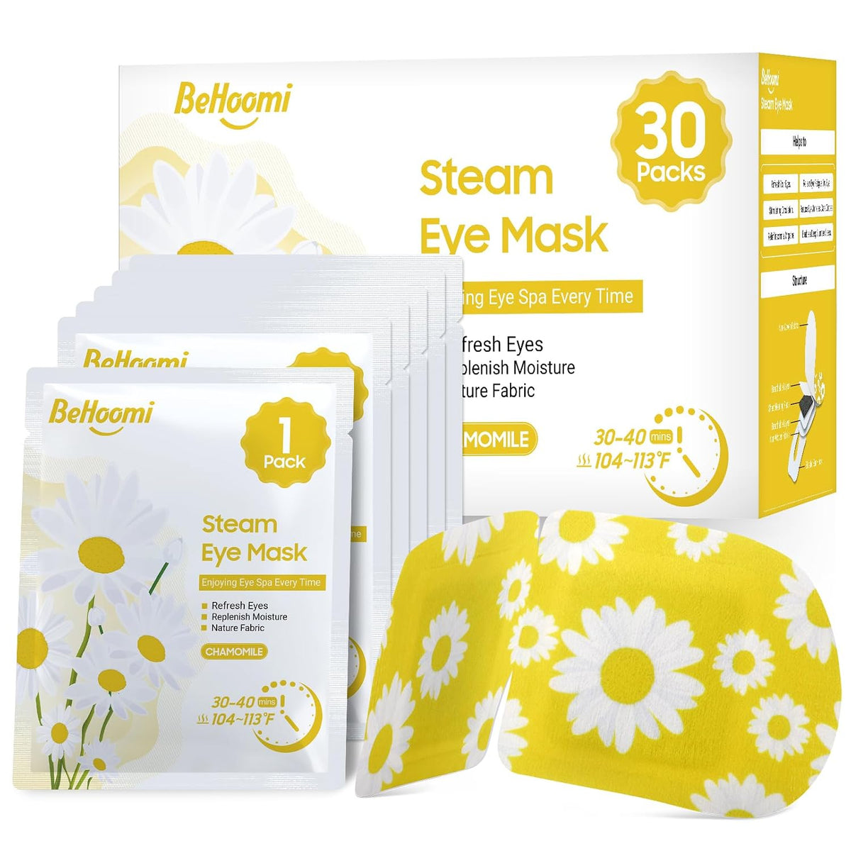 BeHoomi 30Packs Steam Eye Mask, Heated Eye Mask for Dry Eyes, Chamomile