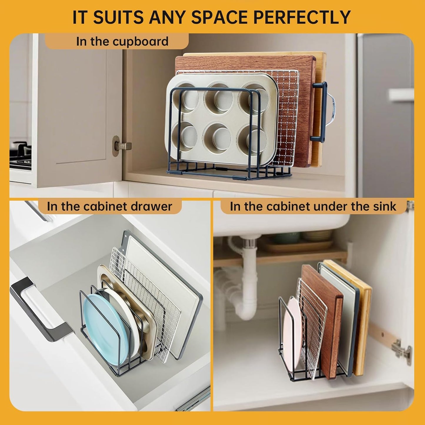 Cutting Board Organizer,Kitchen Cabinet Organizer,Divided Rack with 5 Slots for Baking Trays,Space-Saving Kitchen Storage for Cutting Boards, Cookie Sheet, Thin Pans and Baking Sheets Holder (1pcs)