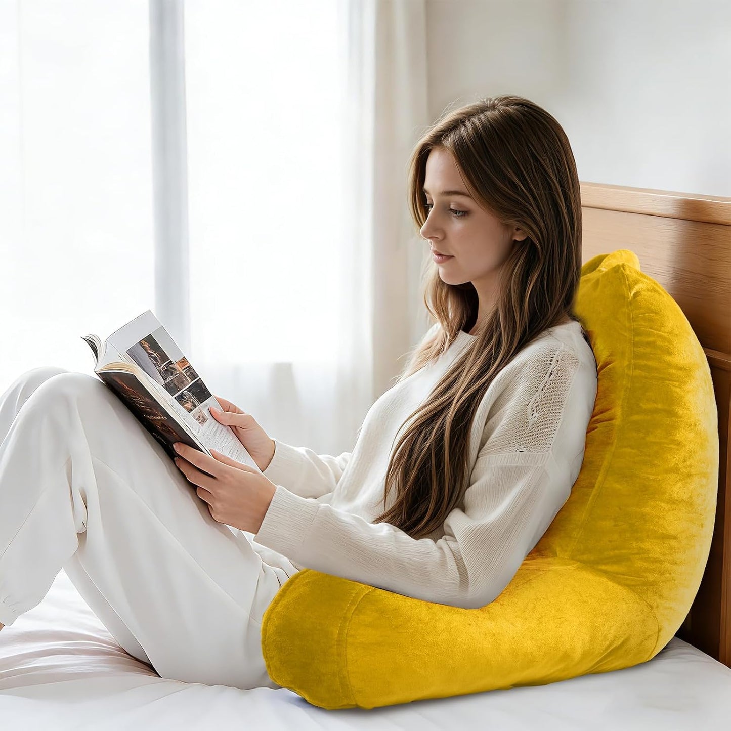OAISZ Reading Pillow for Sitting in Bed with Shredded Memory Foam, Grey | 19-Inch Back Pillow for Sitting Up in Bed, Extended Arms, Side Pockets, Supportive Adjustable Pillow Removable Washable Cover