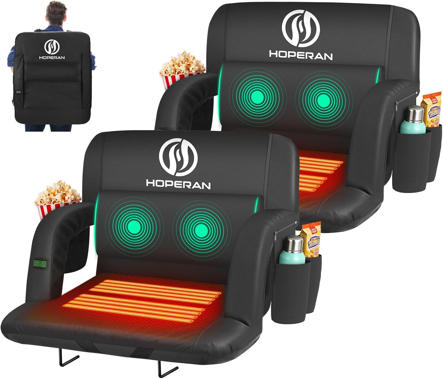 HOPERAN Massage Heated Stadium Seats for Bleachers, Dual Control, Portable | Back Massage, Seat Heated (Battery Not Included), Lumbar Pillow, 6 Recliner, Soft Cushion, Anti-Slip Stability, Side Pockets
