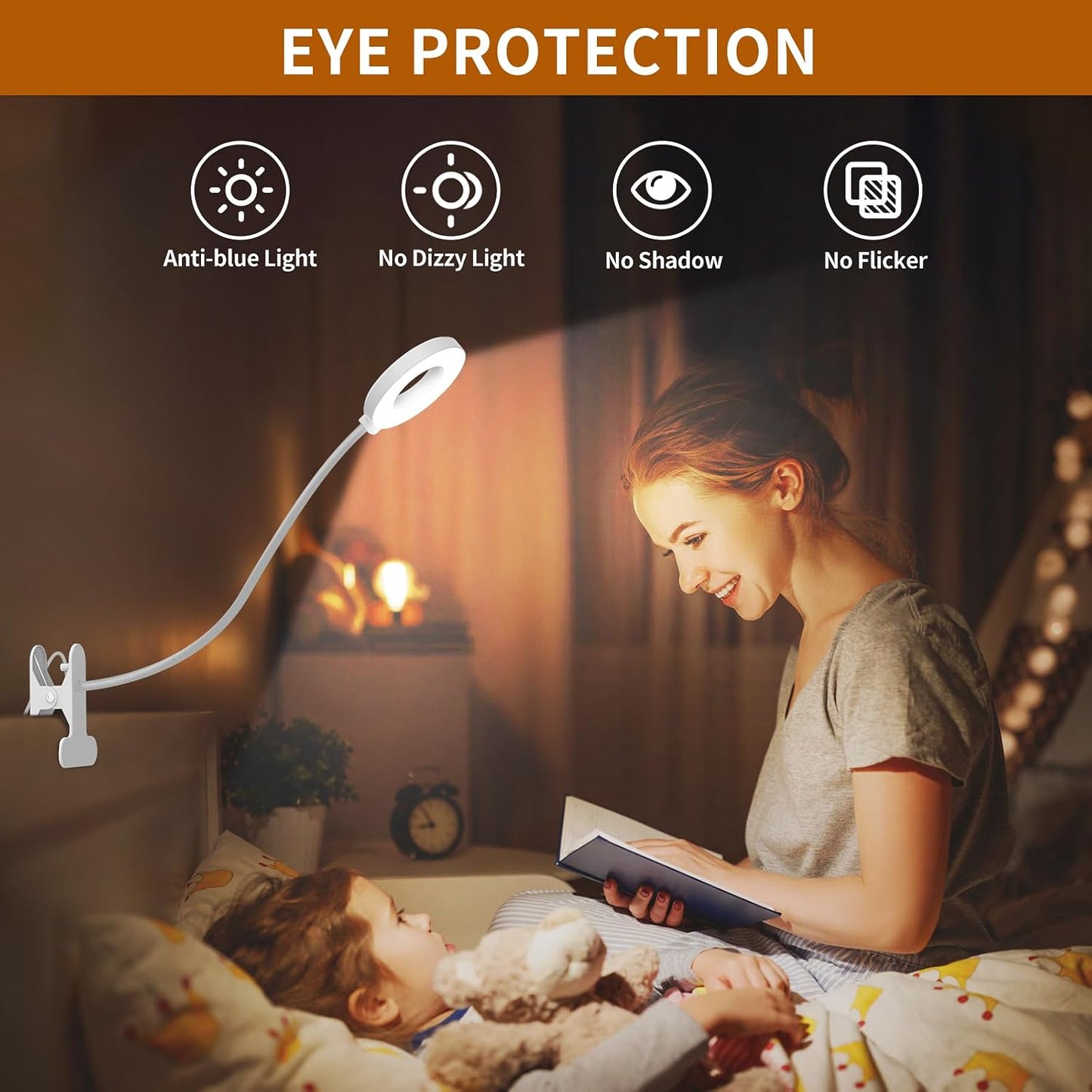 iZELL Desk Lamp, [3 Color Modes & 10 Brightness] LED Reading Light with Clamp, Silicone Flexible Arm Book Light for Kids Reading Book in Bed at Night Clip on Table, Headboard, Dorm - 15.8‘’ Black