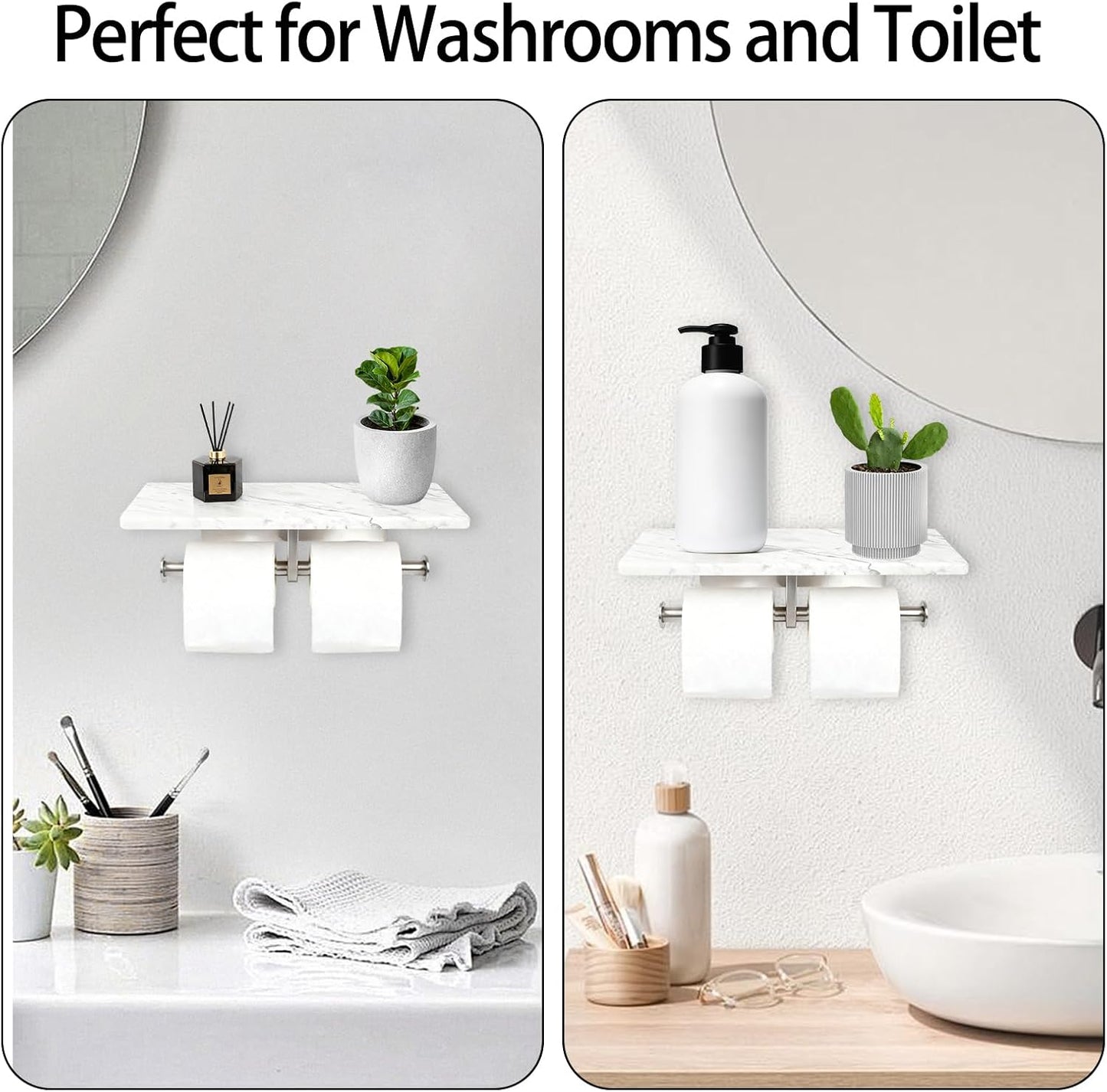 Toilet Paper Holder with Natural Marble Shelf for Bathroom Washroom,Wall Mounted Tissue Holder Suitable for Mega Roll (Brushed Nickel,Small 6.7 * 4.3 in)