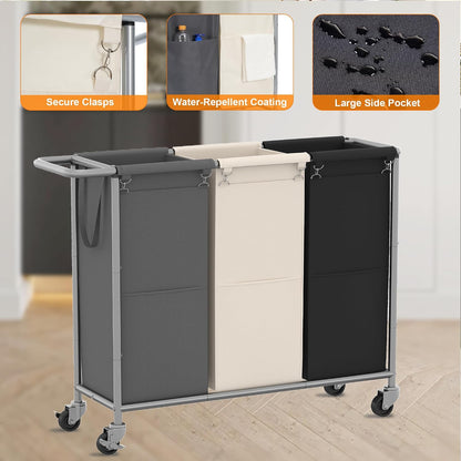 Heybly 3-Section Laundry Sorter Hamper,Rolling Laundry Hamper with Removable Bags – Heavy-Duty Laundry Sorter Cart with Wheels for Dirty Clothes, 40.2 x 15.4 x 33.1 Inches HLH024P03