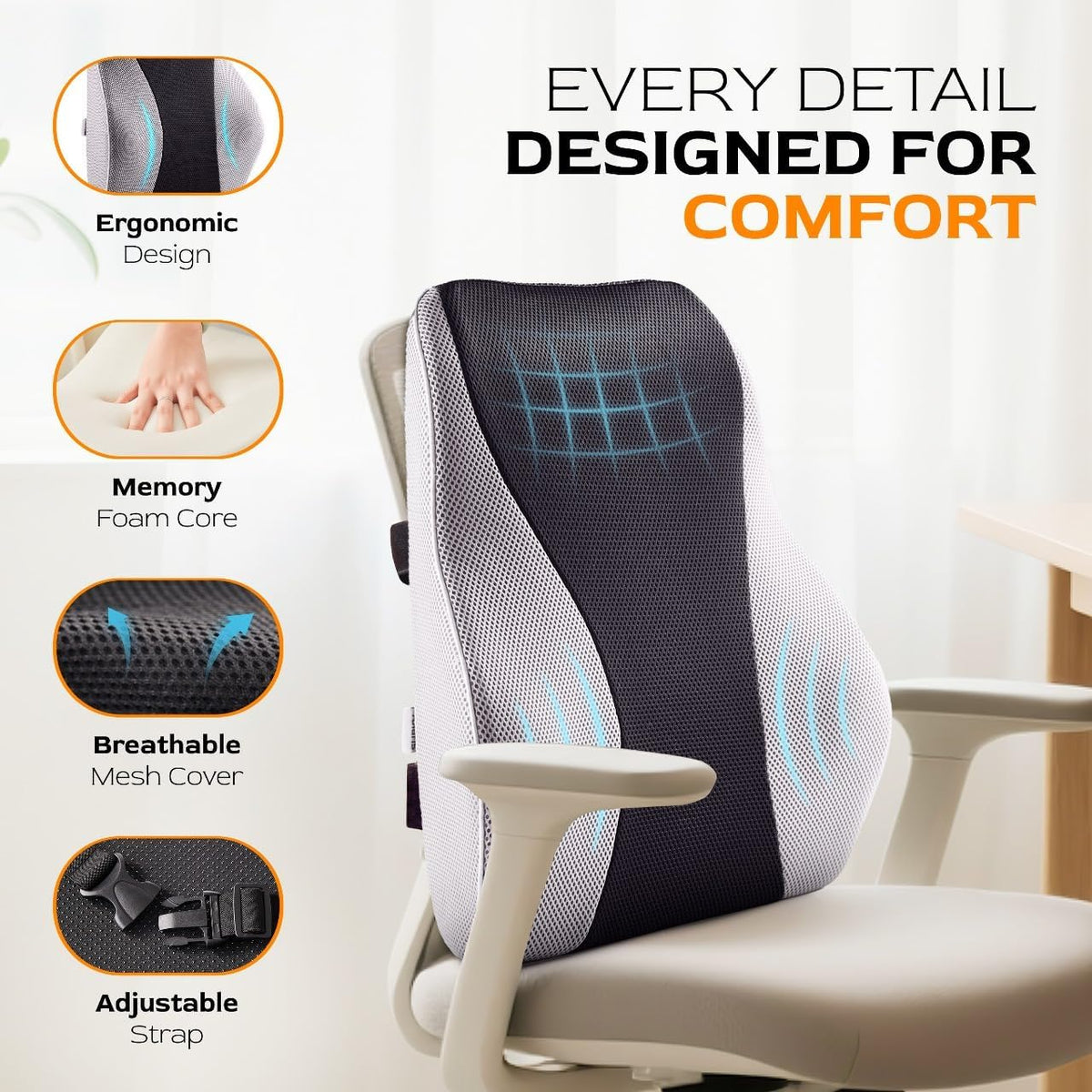 TULARIS Extra Dense Lumbar Pillow with Double Adjustable Straps - Ergonomic Lumbar Support Pillow for Office Chair, Car, Couch Firm Back Support for Lower Back & Spine Pain Relief Memory Foam Cushion
