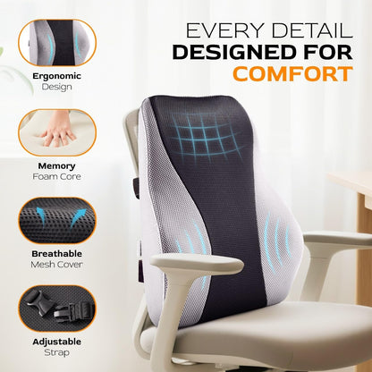 TULARIS Extra Dense Lumbar Pillow with Double Adjustable Straps - Ergonomic Lumbar Support Pillow for Office Chair, Car, Couch Firm Back Support for Lower Back & Spine Pain Relief Memory Foam Cushion