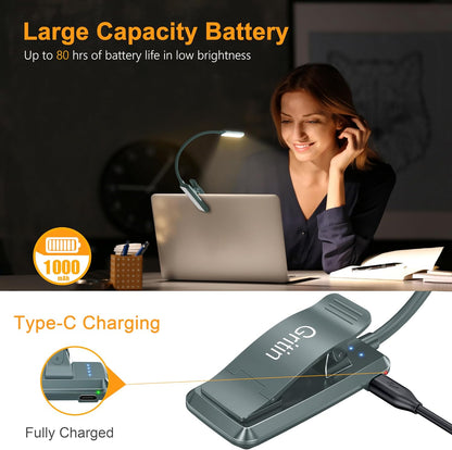 Gritin 9 LED Rechargeable Book Light for Reading in Bed | Eye Caring 3 Color Temps,Stepless Dimming Brightness,80 Hrs Runtime Small Lightweight Clip On Book Reading Light for Studying