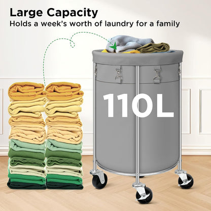 100L Round Rolling Laundry Hamper Basket with Wheels, Grey | Laundry Sorter Cart with Removable Bag, Clothes Organizer, Metal Frame, Bedroom, Bathroom, Laundry Room, Dorm Use