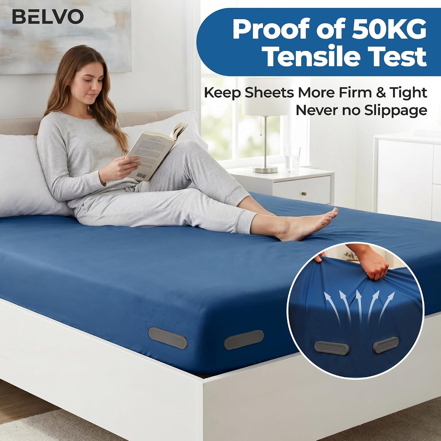 Belvo Bed Sheet Holder Straps with Lock – Bed Sheet Holders for Corners, Fitted Sheet Clips & Fasteners, Keeps Sheets Tight & Secure, Adjustable Sheet Grippers for Twin Full Queen King Beds – Grey