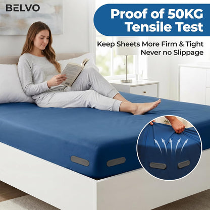 Belvo Bed Sheet Holder Straps with Lock – Bed Sheet Holders for Corners, Fitted Sheet Clips & Fasteners, Keeps Sheets Tight & Secure, Adjustable Sheet Grippers for Twin Full Queen King Beds – Grey