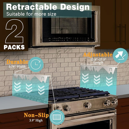 Stove Gap Covers Stainless Steel, 2 Pack Stove Gap Filler Easy Retractable Length 13.8" to 27.5", Width 0.79" Stove Gap Guards Range Trim Kit, Heat Resistant Guard Between Stove Top & Counter