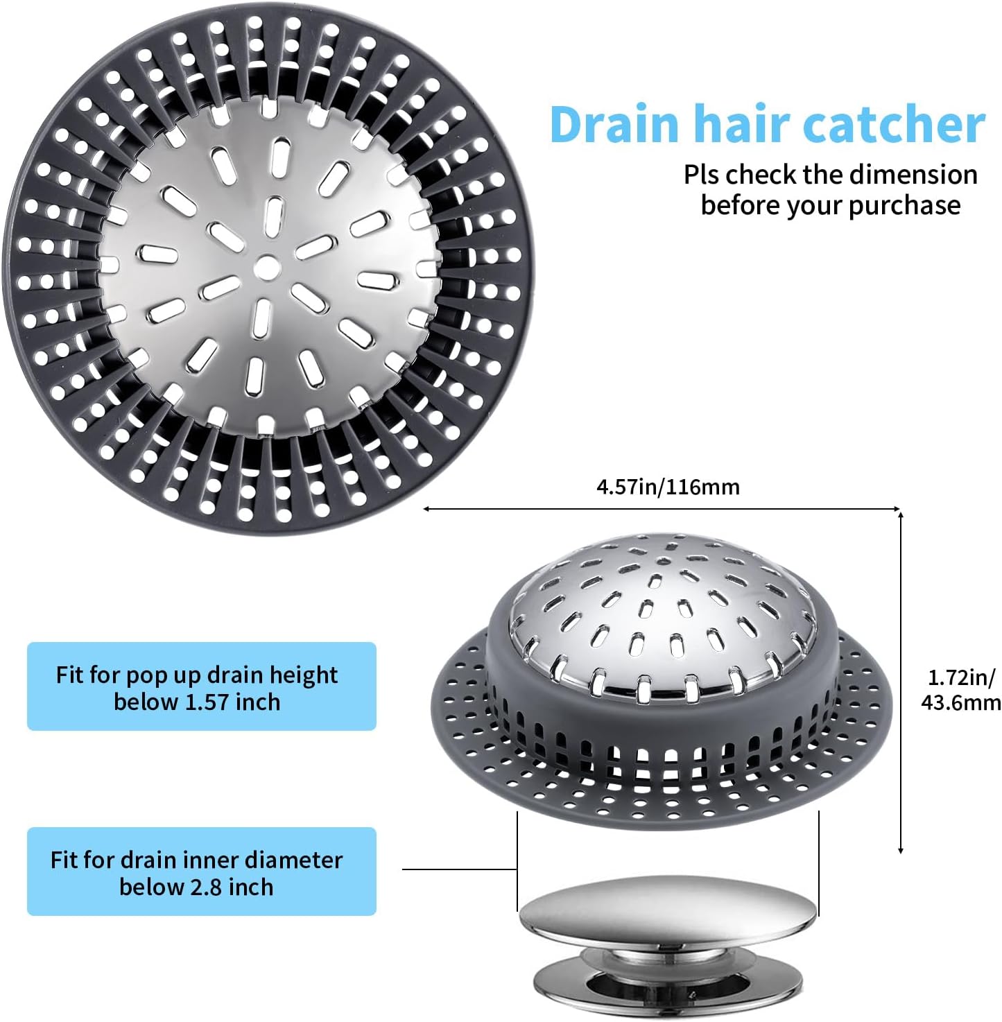 Aluvor Bathtub Drain Hair Catcher Shower Drain Cover Sink Drain Protector | Bathroom Sink & Bathtub Drain Strainer for Pop-Up & Regular Drains, grey