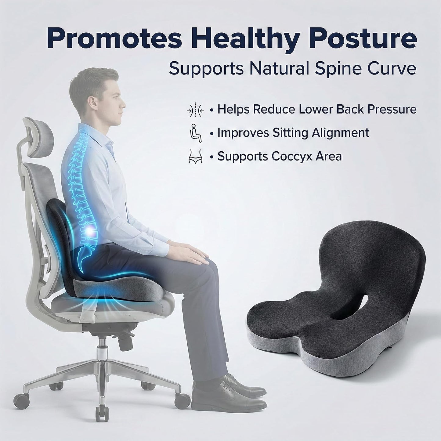 Seat Cushion Memory Foam with Ergonomic L-Shaped Extra Wide Support for Lower Back Relief, Comfort Cushion for Office Chair, Car Seat & Gaming Seat, Helps Sciatica Pain, Posture Improvement (Gray)