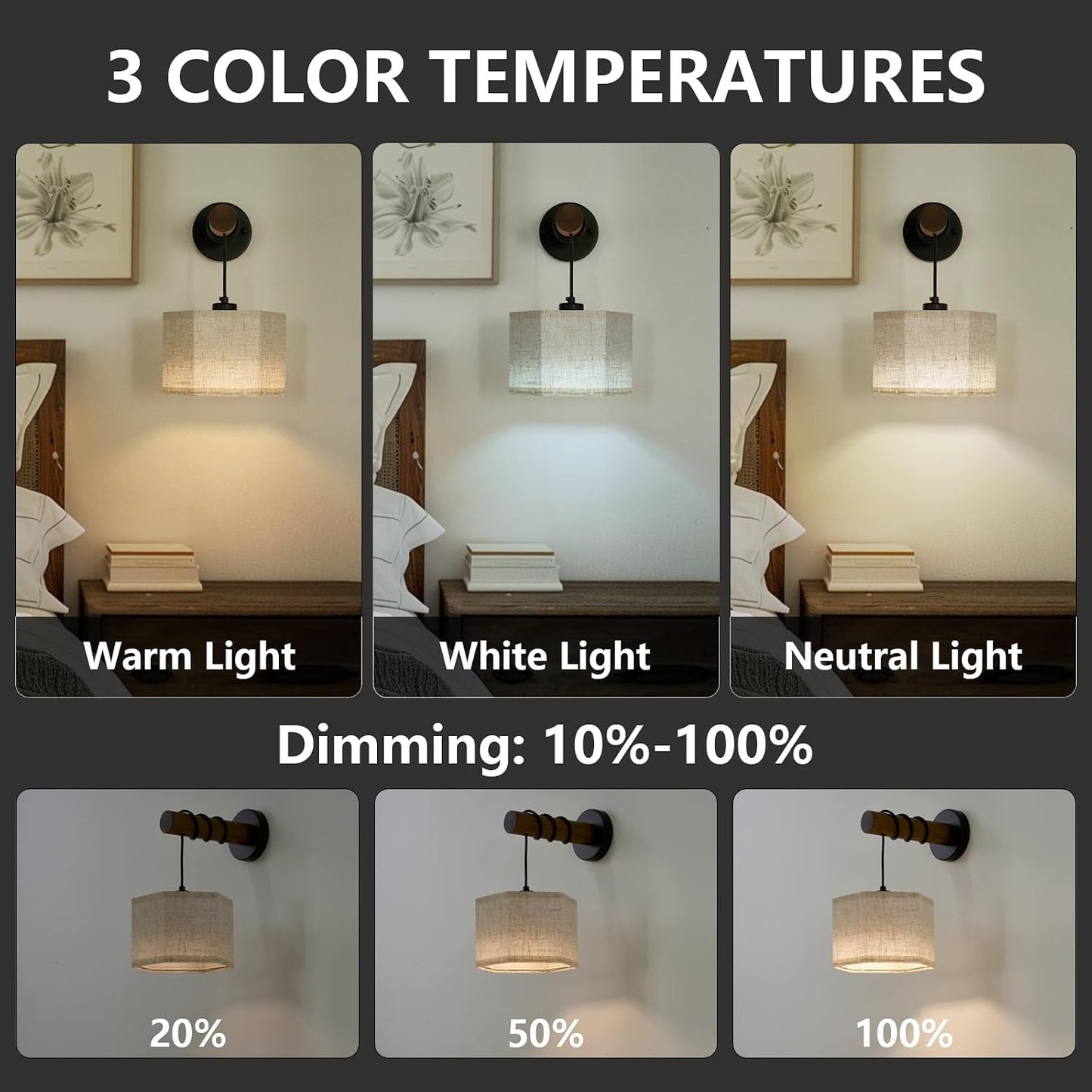 XSDeTu Battery Operated Wall Sconce with Remote, Rechargeable Battery Powered Wall Light, 3 Colors Dimmable Wall Mounted Lights, Adjustable Lamp for Bedroom Bedside, Wooden Arm, Fabric Shade, 2 Pcs