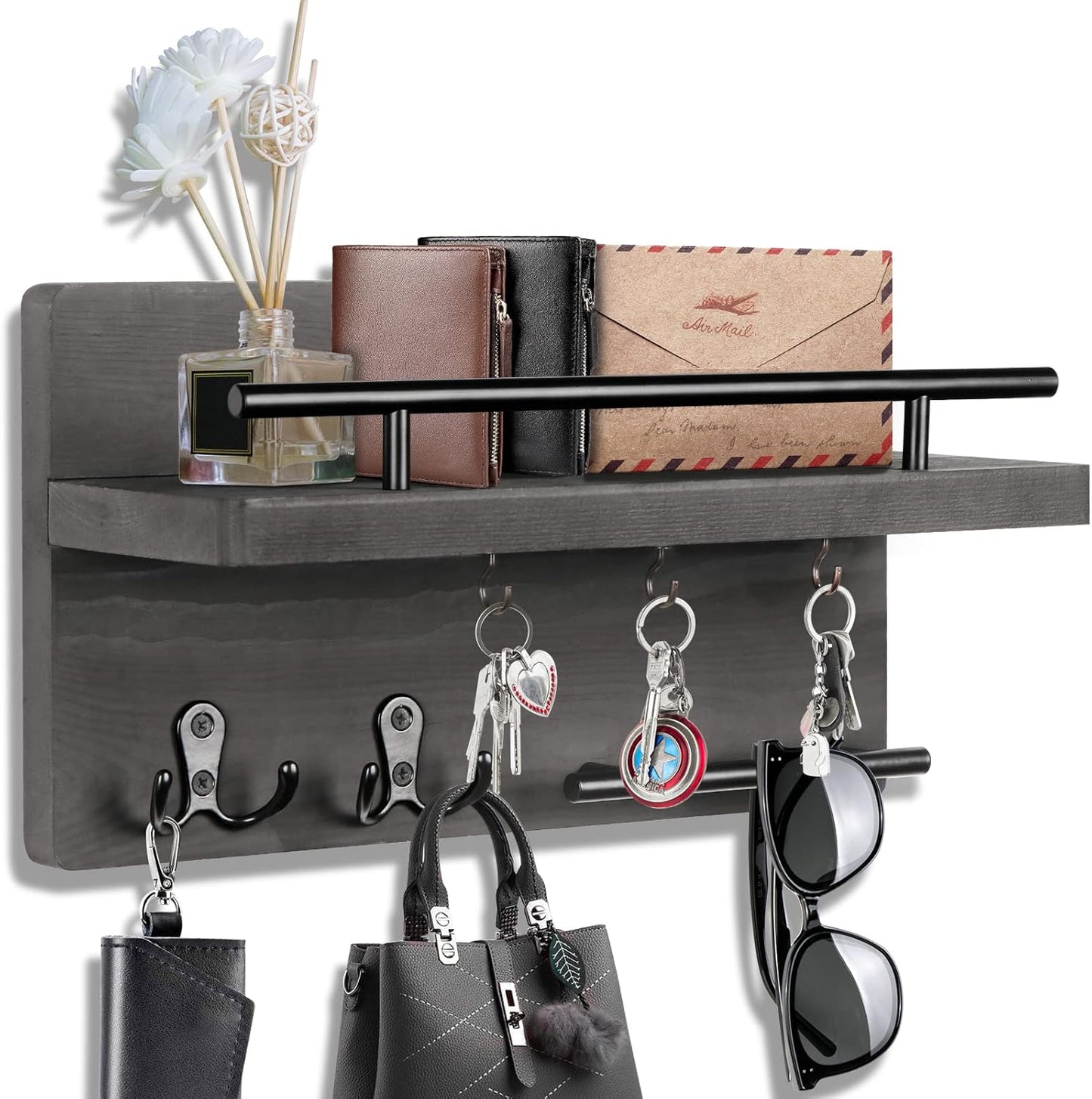 OurWarm Wall Mounted Key Holder/Hangers for Wall Decorative with 5 Key Hooks, Wooden Mail Rack Organizer with Shelf, Rustic Home Decor for Entryway Mudroom Hallway Office, Brown