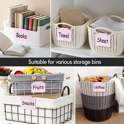 12PCS Basket Labels Clip On for Storage Bins, Removable & Erasable Bin Labels Clips On, Laundry Kitchen Pantry Labels for Organizing Baskets Cube Box (Pink)
