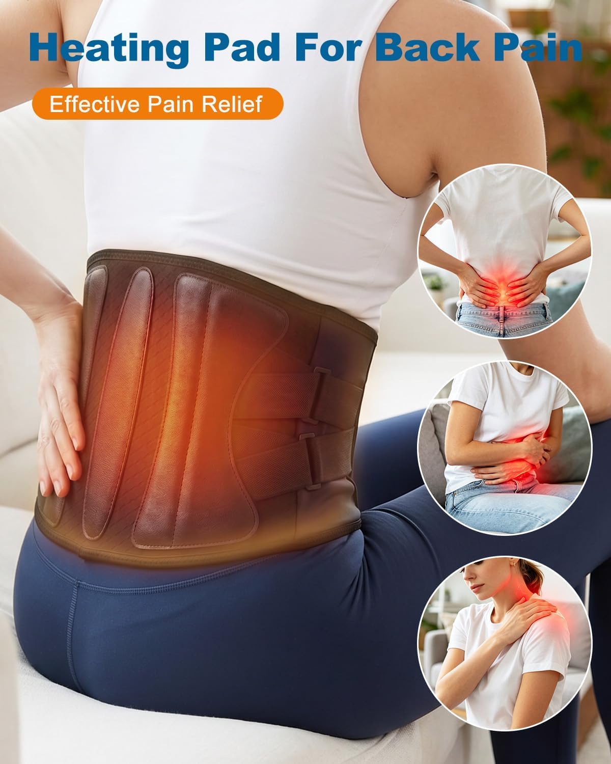 Cordless Heating Pad for Back Pain & Period Cramps, Portable Back Heating Pad Belt Heated Back Brace Rechargeable Wireless Support, 3 Heat & Auto Shut Off, Gifts for Father Dad Men Women