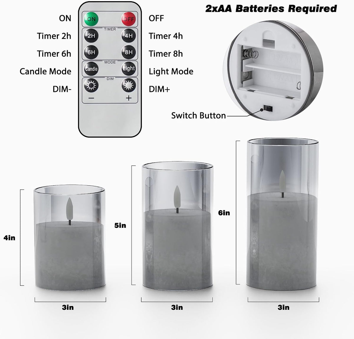 Battery Operated Flameless Candles with Remote & Timer, Gold Glass 3Pack