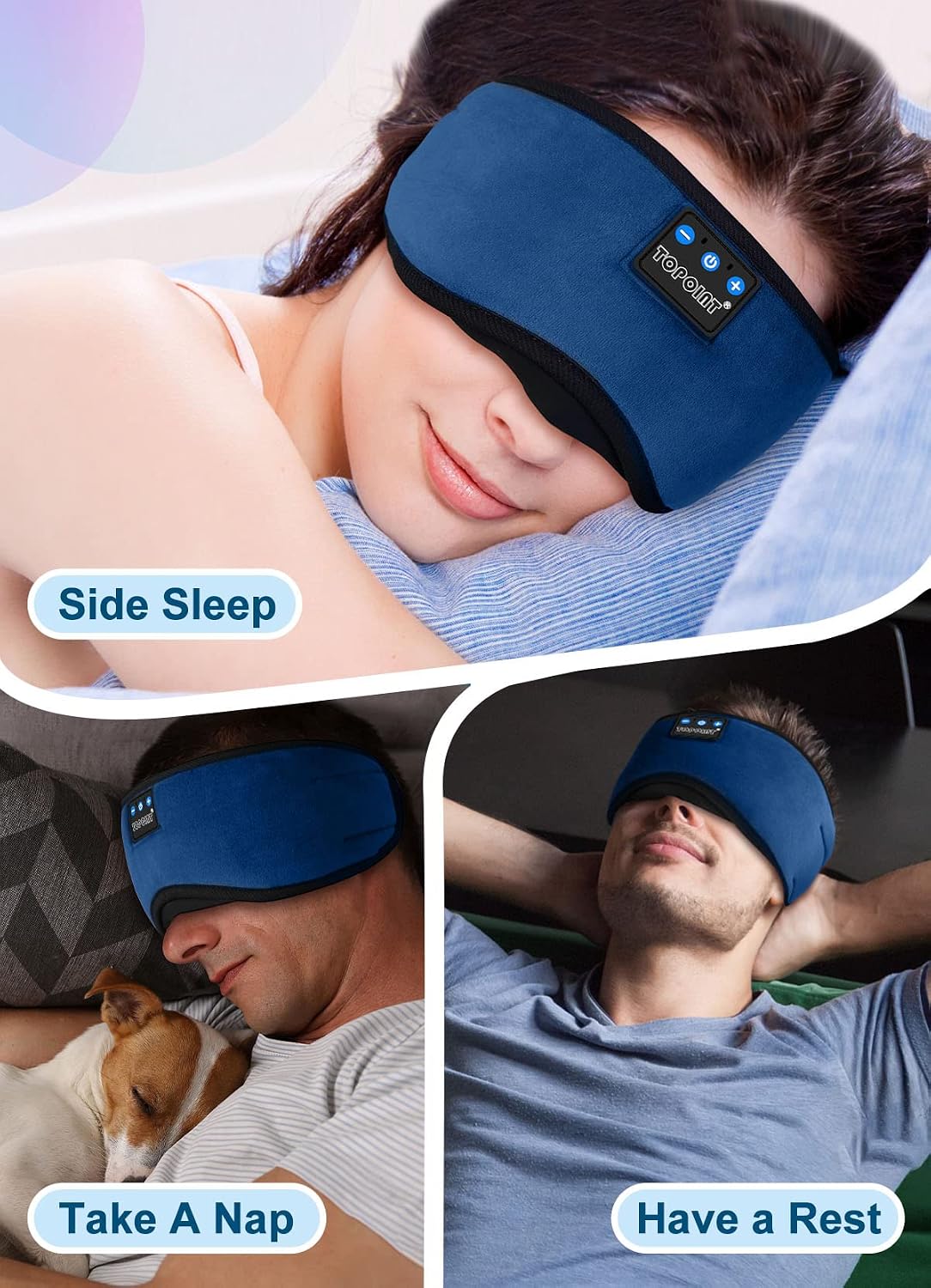 TOPOINT Sleep Mask Headphones Bluetooth Wireless 5.4, Breathable Cotton Eye Mask for Sleeping Side Sleepers Travel Music Headsets with Microphone Handsfree Men Women