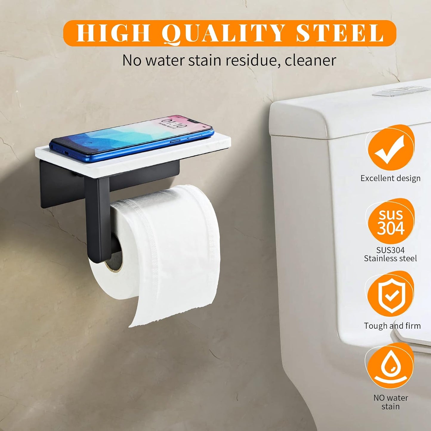 Brushed Nickel Toilet Paper Holder with Marble-Look Shelf, Wall Mounted SUS304 Stainless Steel Toilet Roll Holder with Phone Storage