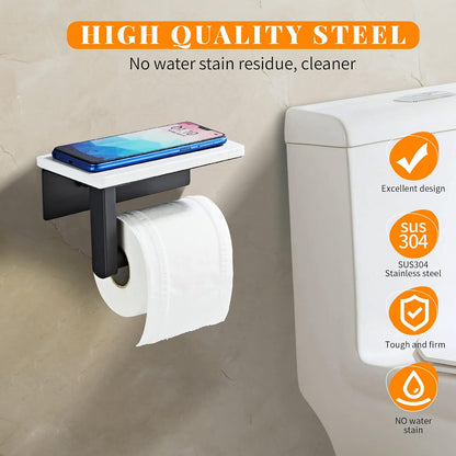 Brushed Nickel Toilet Paper Holder with Marble-Look Shelf, Wall Mounted SUS304 Stainless Steel Toilet Roll Holder with Phone Storage