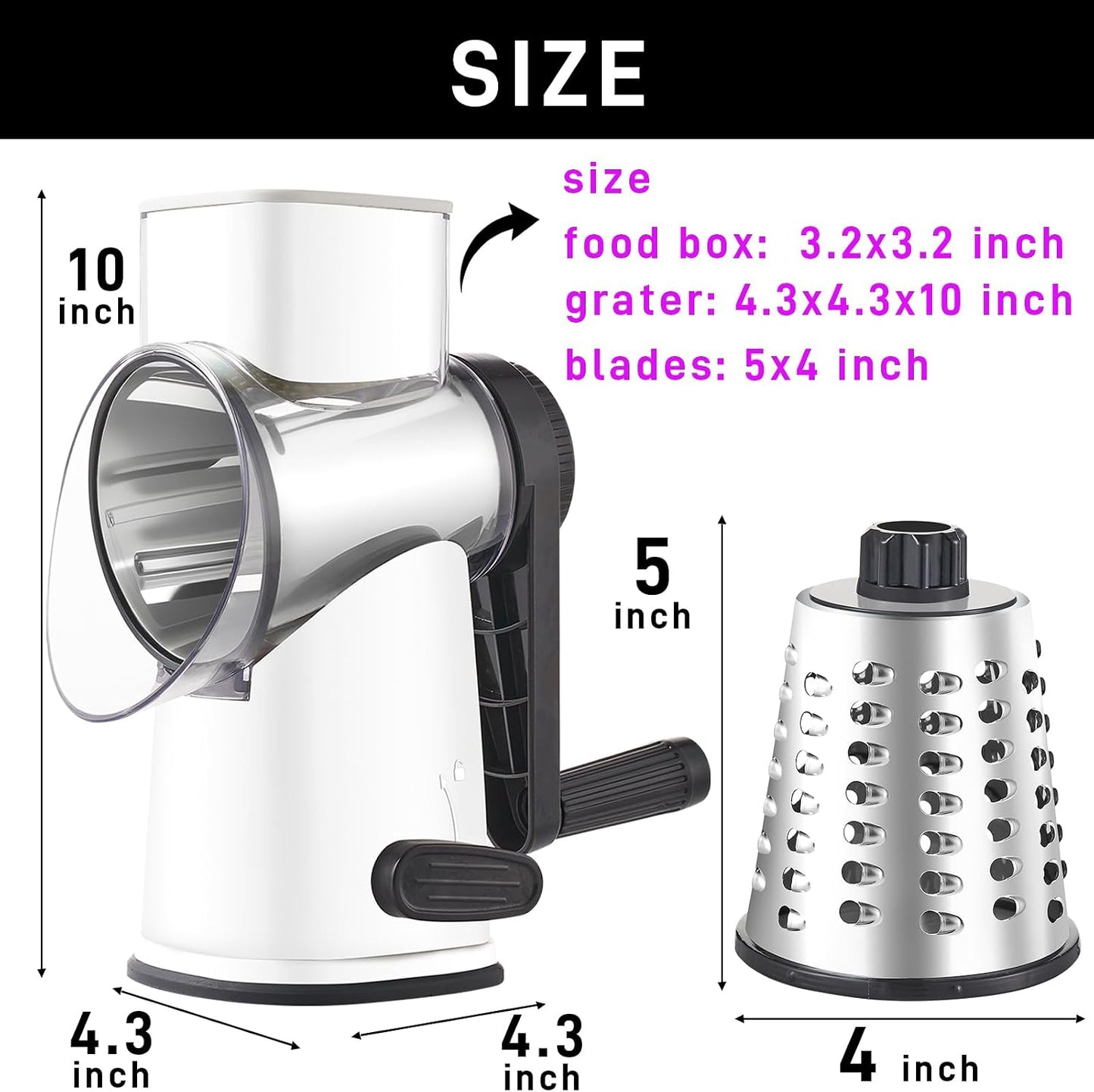 Weltonhm 4 in 1 Large Rotary Cheese Grater Hand Crank (black, 3 Graters) | Cheese Shredder Rotary and Slicer with 4 Stainless Steel Blades for Vegetables, Veggie and Cheese, Stronger Suction Base