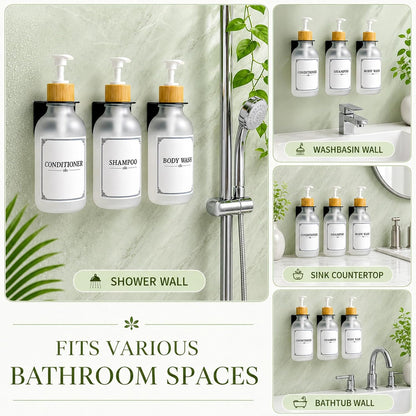 Shampoo and Conditioner Dispenser 3 Chamber Set,Soap Pump Bottles | No Drill Wall Mounted,Refillable Bathroom Body Wash Dispensers with Waterproof Labels,Clear