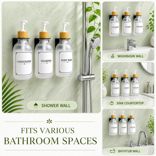 Shampoo and Conditioner Dispenser 3 Chamber Set,Soap Pump Bottles | No Drill Wall Mounted,Refillable Bathroom Body Wash Dispensers with Waterproof Labels,Clear
