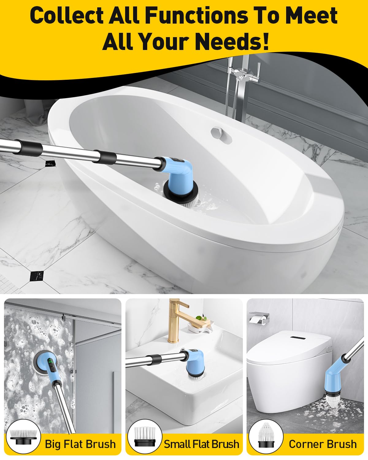 Electric Spin Scrubber for Bathroom, Shower Scrubber with Long Handle | Shower Cleaner Brushes, IPX7 Waterproof & 2 Speed, 3 Brush Heads, 90min Runtime, Bathroom Cleaning Supplies for Toilet Tub