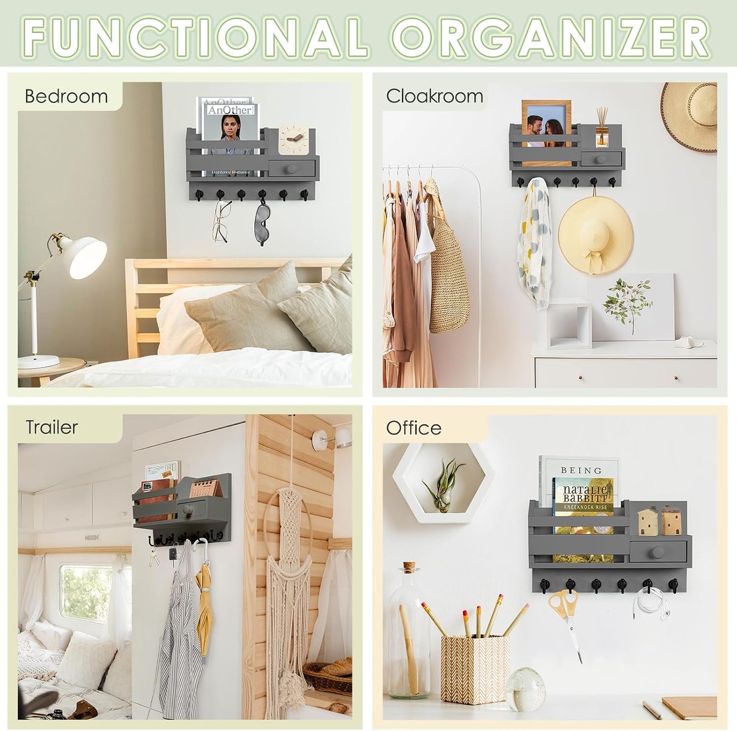 VIS'V Key Holder Wall Mount, Wooden Mail and Key Organizer, White | Contains Little Drawer, Small Shelf, 2 Slots, 6 Hooks, for Entryway, Hallway, Doorway, Kitchen, Garage, RV