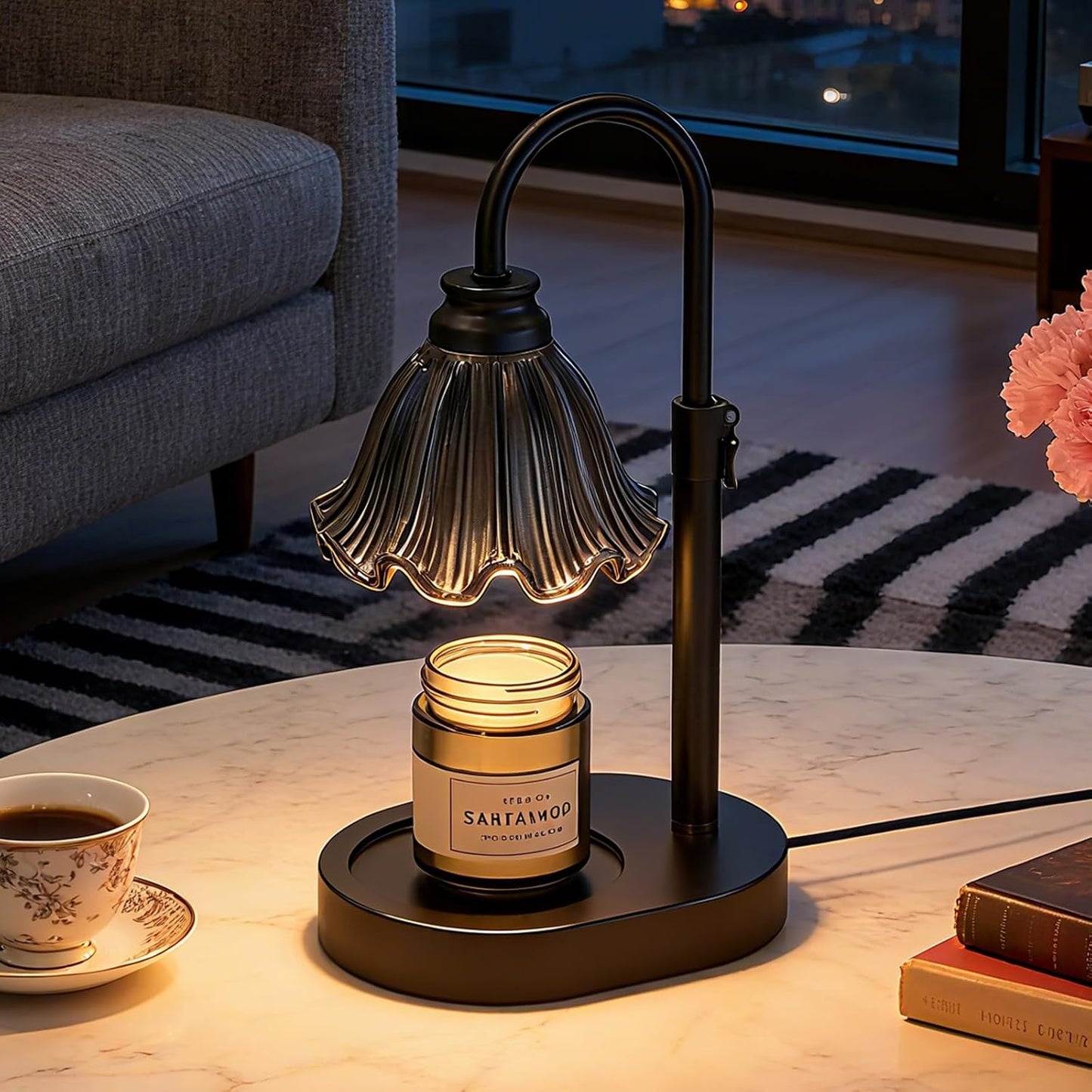 Flower Candle Warmer Lamp,Adjustable Timer & Dimmer(Green) | Adjustable height fits jars. Timer & dimmer safe melt. 2 bulbs & heat-proof base. Perfect for bedroom, office, or gifting.