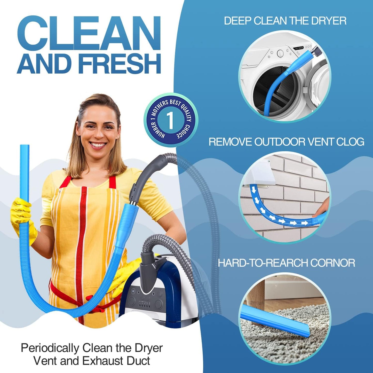 PetOde Dryer Vent Cleaner Kit – Dryer Vent Vacuum Hose Attachment Blue | Dryer Vent Cleaning Hose Reach Deep Inside Vents - Remove Hidden Lint, Speed Drying & Reduce Fire Risk