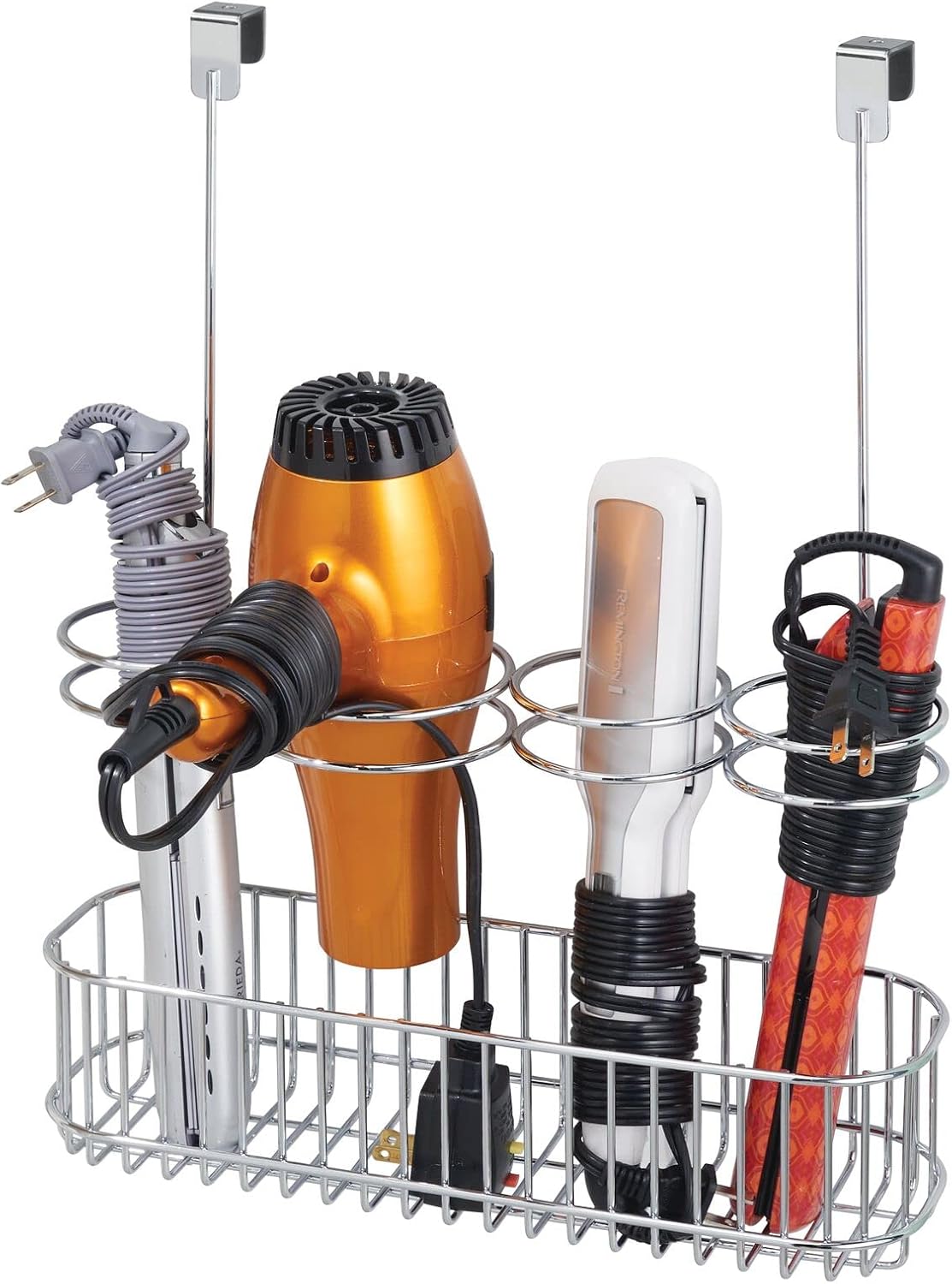 mDesign Metal Bathroom Storage Tool Organizer Accessory Basket Tray - Hang Over Cabinet Door - Storage for Hair Dryer, Straightener, Curling Iron & Hair Styling Products - Concerto Collection - Chrome