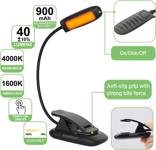 BIGMONAT Battery Operated Clip on Light, Dimmable Brightness Eye Care Book Reading Light, 360°Flexible Gooseneck Night Lighting for Home Office, Reading,Study (Orange, 2Pack)
