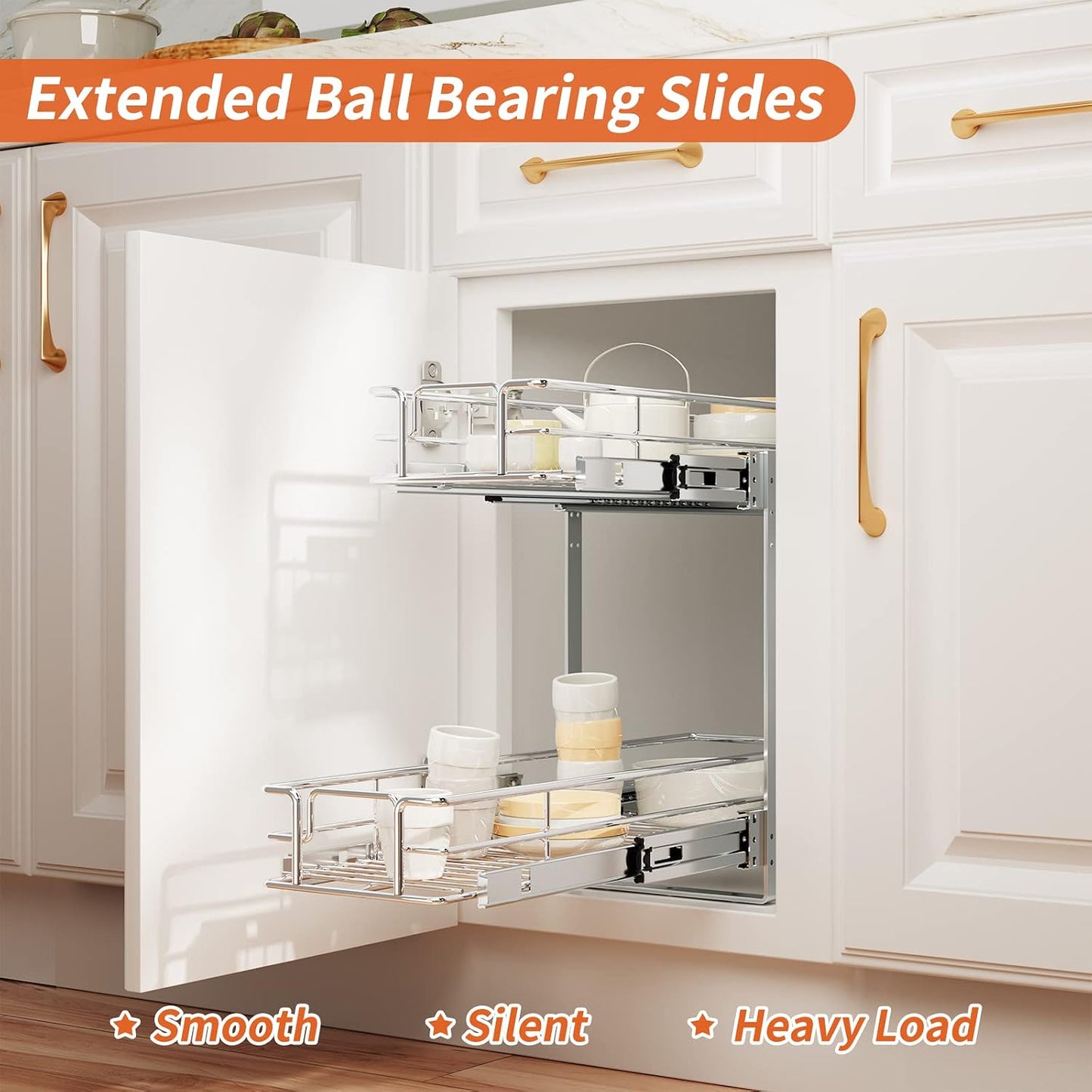 ROOMTEC Pull Out Cabinet Organizer, Pull Out Shelves 5½" W x 21½" D, Heavy Duty Cabinet Drawers Slide Out Kitchen Organizers Storage Shelf