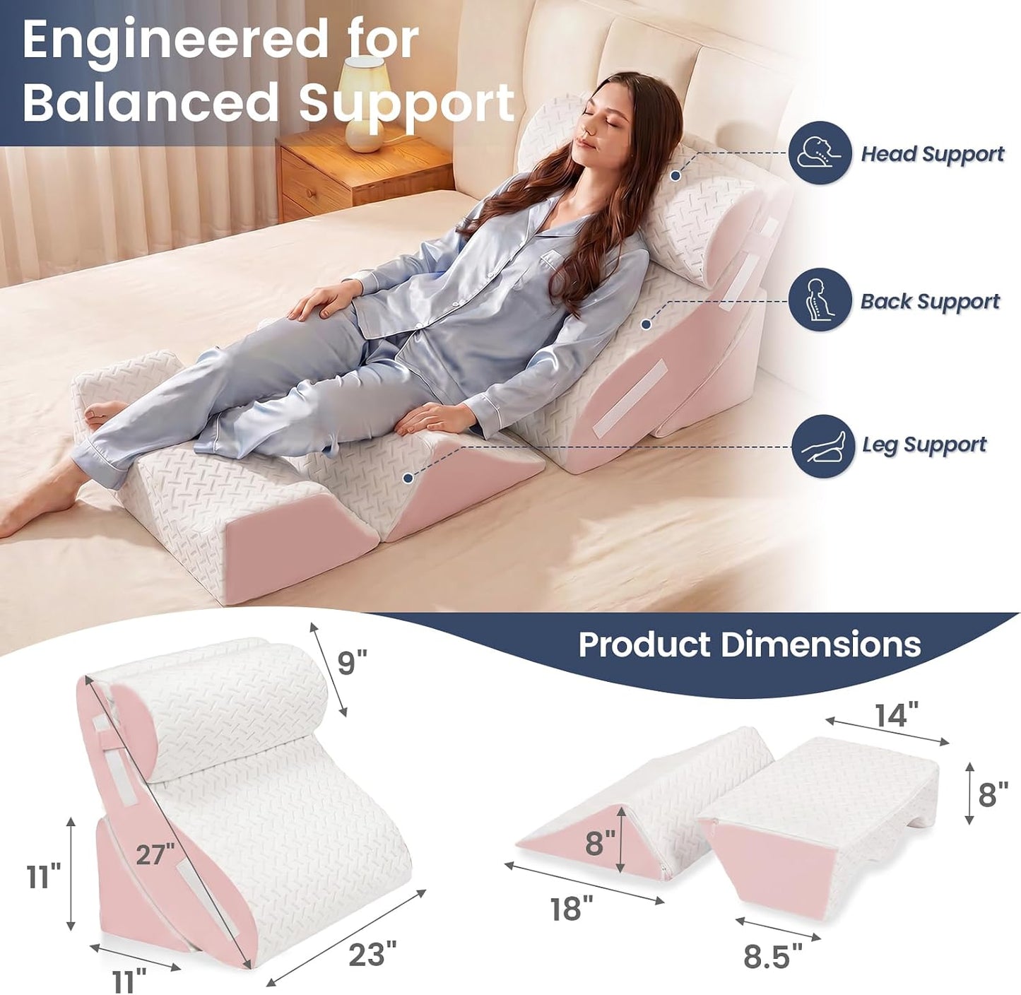 5PCS Wedge Pillow Set for After Surgery, Adjustable Orthopedic Foam Bed Wedge Pillow for Acid Reflux, GERD & Heartburn Relief, Back & Leg Elevation Support for Sleeping & Sitting Up, White Grey