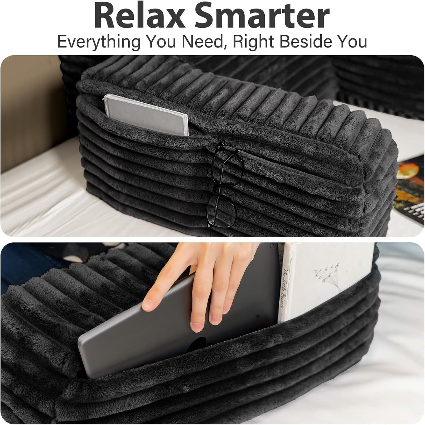 ENITYA 22" XL Back Pillow for Bed Sitting Up with Armrests & Big Pockets | Reading Pillow for Bed, Soft Back Support Chair, Ideal for Watching TV, Gaming, Nursing, Resting, Post Surgery, Dark Grey