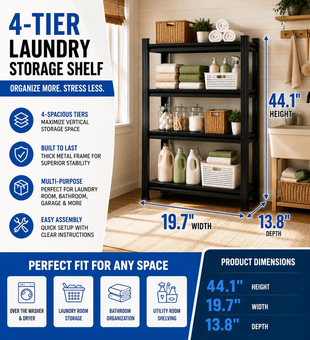 Heavy Duty Over Washer and Dryer Storage Shelf, 5 Tier Adjustable Metal Laundry Room Organizer, Freestanding Utility Shelving Rack, Rust Resistant Steel Storage Shelf, Black, 35.4"Wx 15.7"Dx 71.2"H