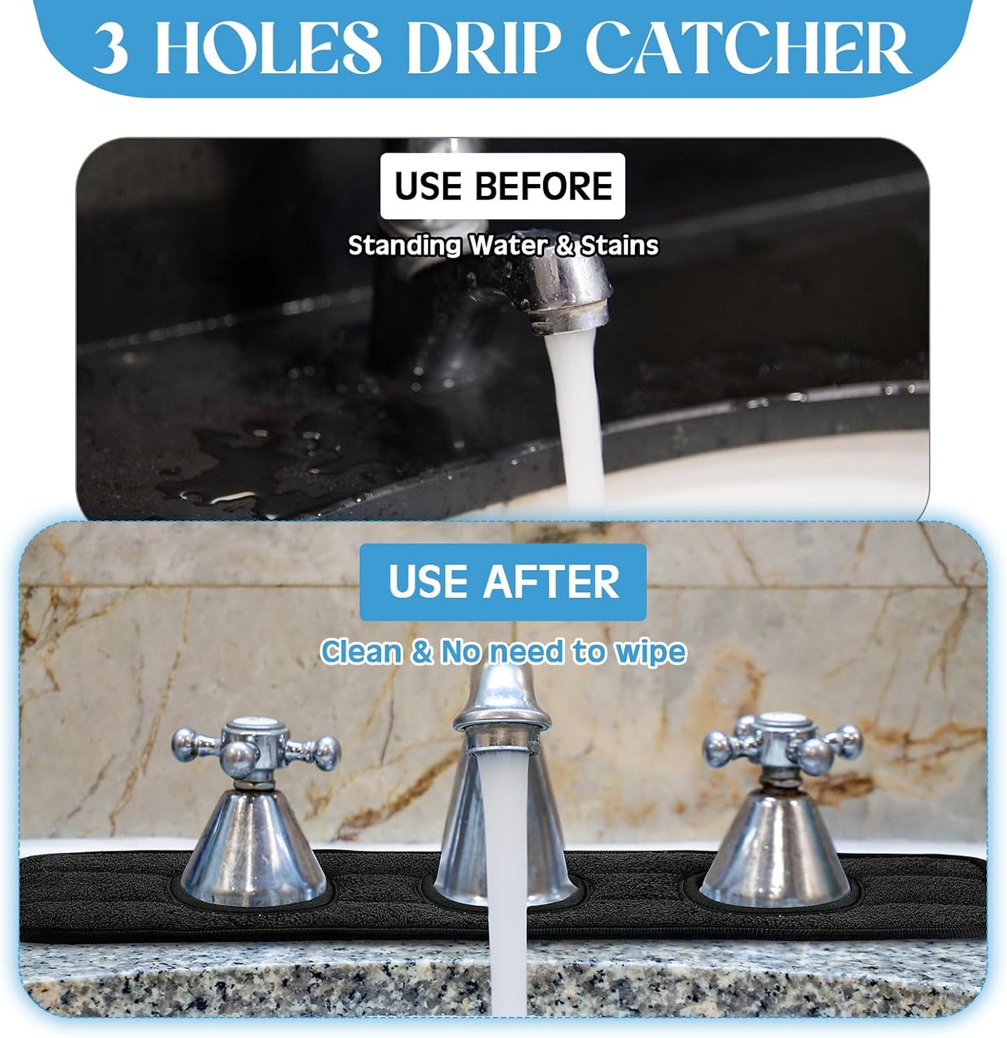 Teenyyou 2 Pcs Faucet Mat for Kitchen Sink Splash Guard for Kitchen Sink Faucet Dish Drying Mat for Bathroom Sponge Holder(Dark Gray,3 Round Holes)