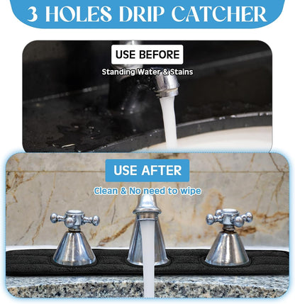 Teenyyou 2 Pcs Faucet Mat for Kitchen Sink Splash Guard for Kitchen Sink Faucet Dish Drying Mat for Bathroom Sponge Holder(Dark Gray,3 Round Holes)