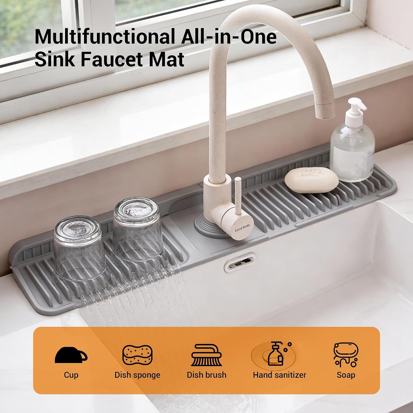ZJWZLG Faucet Mat for Kitchen Sink, 14"X5.5" Silicone Sink Splash Guard , Snap-On Design & 7°slope Fast Drain, Folding Sink Faucet Mat for Universal Kitchen Bathroom Sink(Grey)